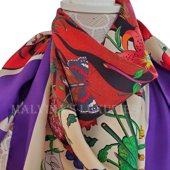 GUCCI SCARF SILK TIGER ICONIC FLORA PRINT SQUARE VIBRANT FOULARD 35" - Picture 14 of 16